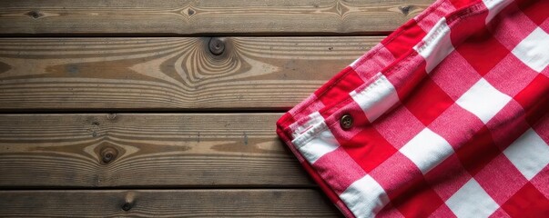 Obraz premium Crisp red checkered picnic blanket on weathered wood tabletop, rustic, weathered, wood