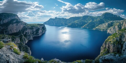 Obraz premium Panoramic view of a secluded, deep blue cove nestled between dramatic, verdant cliffs under a partly cloudy sky