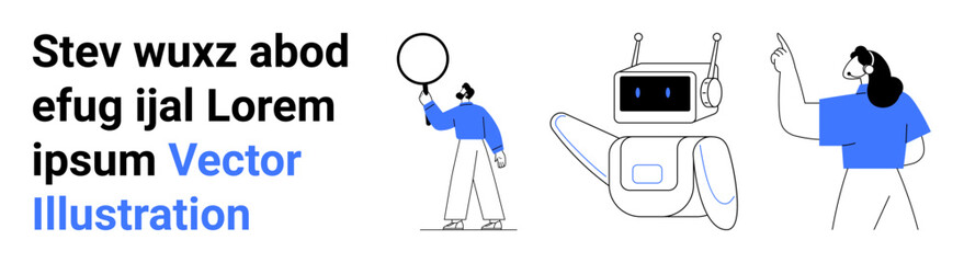Robot interacting with a person holding a speech bubble while another gestures forward. Ideal for innovation, teamwork, communication, AI, technology, collaboration, and a simple landing page