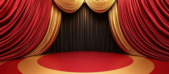Luxurious red and gold stage curtains frame a circular red and gold stage