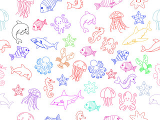 Seamless pattern of colorful hand-drawn sea animals. seamless pattern with sea animals. Cute hand drawn sea animals doodle set. Ocean and sea animal set. Collection of aquatic creature. 