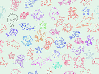 Seamless pattern of colorful hand-drawn sea animals. seamless pattern with sea animals. Cute hand drawn sea animals doodle set. Ocean and sea animal set. Collection of aquatic creature. 