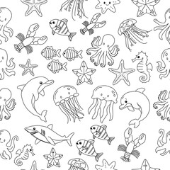 seamless pattern with sea animals. Cute hand drawn sea animals doodle set. Ocean and sea animal set. Collection of aquatic creature. Set with hand drawn sea life elements.	
