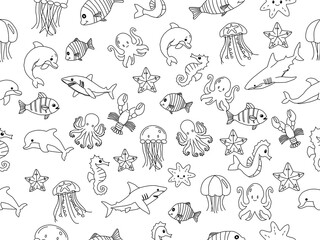 Naklejka premium seamless pattern with sea animals. Cute hand drawn sea animals doodle set. Ocean and sea animal set. Collection of aquatic creature. Set with hand drawn sea life elements. 