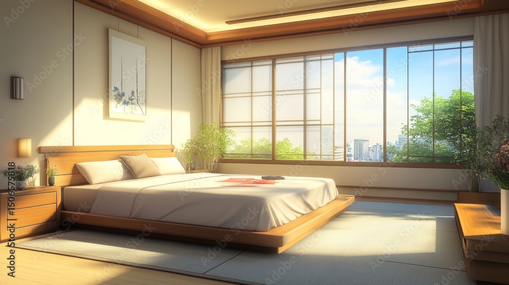 Poster a high-resolution image of a minimalist bedroom featuring a sleek bed frame, simple bedding, and a c