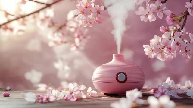 Pink aroma diffuser humidifying air with essential oils and cherry blossom branch