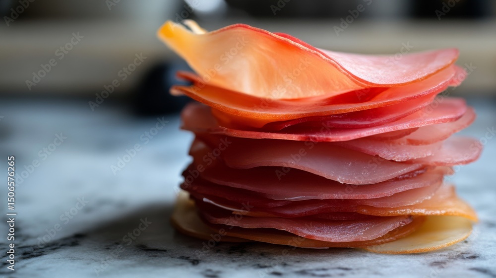 Poster A high-resolution photo of sliced  on a kitchen countertop, showcasing the translucent layers and rich color against a clean, neutral background.