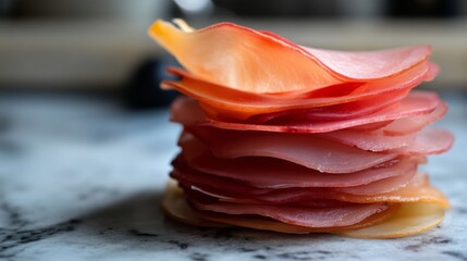 A high-resolution photo of sliced  on a kitchen countertop, showcasing the translucent layers and rich color against a clean, neutral background.