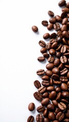 Naklejka premium Scattered coffee beans, white background, ample space, beverage, item, espresso