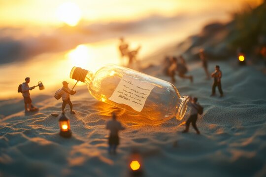 Miniature sailors discovering massive message in bottle washed up on sandy shore. Adventure, exploration, nautical fantasy, childhood wonder concept. selective focus