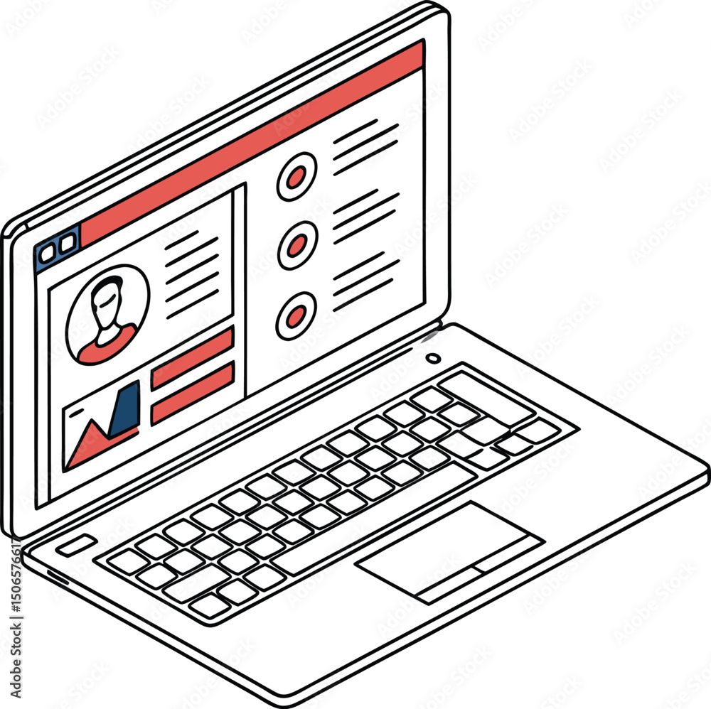Aufkleber isometric laptop displaying a user profile and data visualization interface design
