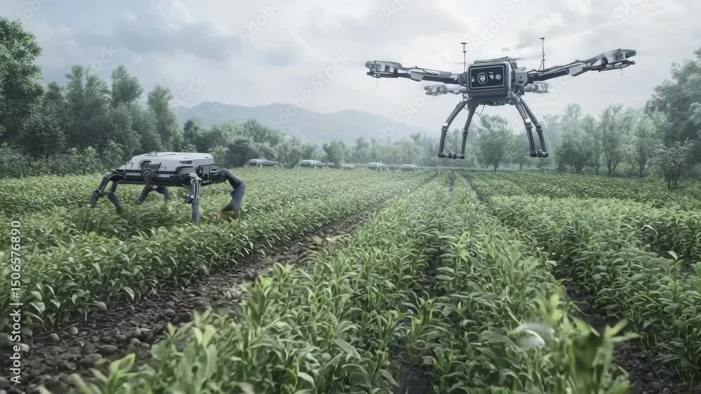 Poster Robots and drones equipped with sensors work autonomously in a green farm field surrounded by trees and distant hills.