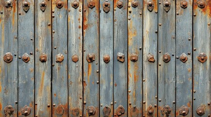 Weathered gray metal planks with rusted accents and rivets, arranged vertically in a repeating pattern