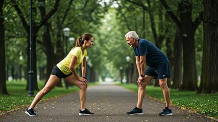Young woman and senior man stretching together outdoors in a park - Powered by Adobe
