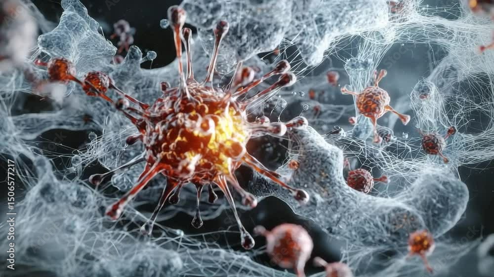 Aufkleber a highly detailed close-up illustration of a virus surrounded by neural-like network structures in a