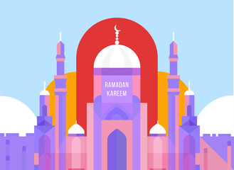 Abstract mosque in modern flat style. Creative minimalistic background for festive banner, flyer, card. Ramadan Kareem vector illustration.