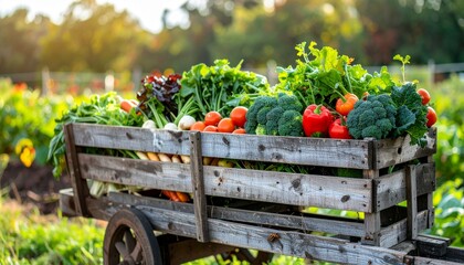Rustic Wooden Cart with Freshly Harvested Vegetables in Vibrant Countryside Farm Setting