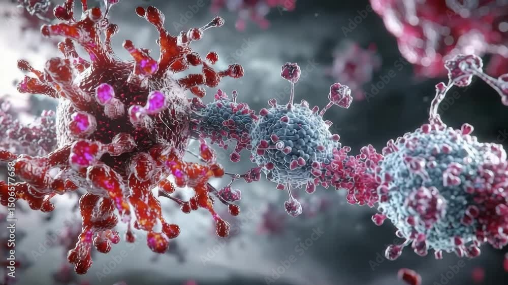 Poster a highly detailed 3d rendering of two viruses or cells interacting against a blurred, abstract backg