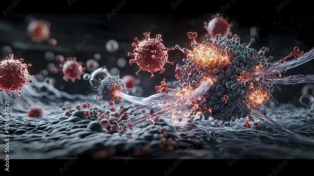 Poster a digital illustration shows a microscopic view of viruses interacting with human cells and cellular