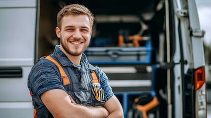 Confident technician prepared with tools and van.