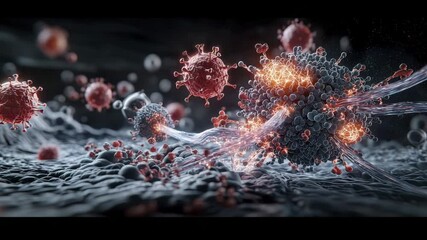 A digital illustration shows a microscopic view of viruses interacting with human cells and cellular structures. - Powered by Adobe