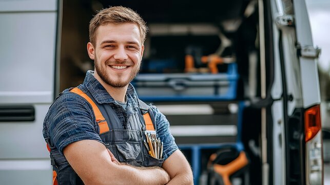 Confident technician prepared with tools and van.