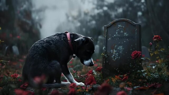 A wet dog with a red rose in its mouth sits by a grave in a rainy, flower-filled cemetery, evoking sorrow and loyalty.