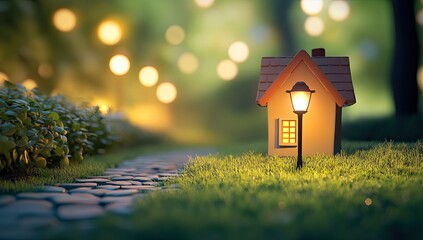 Naklejka premium 3D cartoon, house with a red roof and brown walls next to green grass, a small path leading up to the front door of the home, colorful crayons on a side table, a lamp post in the background,
