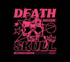 Death Inside slogan with a grunge skull illustration. Perfect for T-shirt, hoodie, sticker, streetwear, urban fashion, apparel, and merchandise