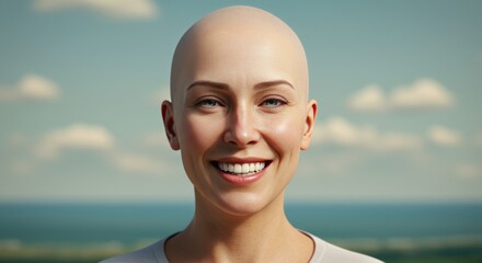 A realistic digital portrait of a cancer survivor smiling with confidence, wearing a headscarf or bald with pride. Background should be soft, clean, and hopeful, emphasizing courage and victory