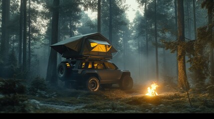 Forest overlanding scene with rooftop tent SUV parked among towering pines, firelight flickering nearby—cinematic atmosphere of solitude, comfort, and deep connection with wild nature
