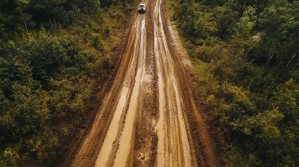 Overhead drone shot of muddy off-road path winding through wild terrain, deep tire ruts visible, tiny overlanding vehicle in the distance—highlighting scale, journey, and rugged freedom

