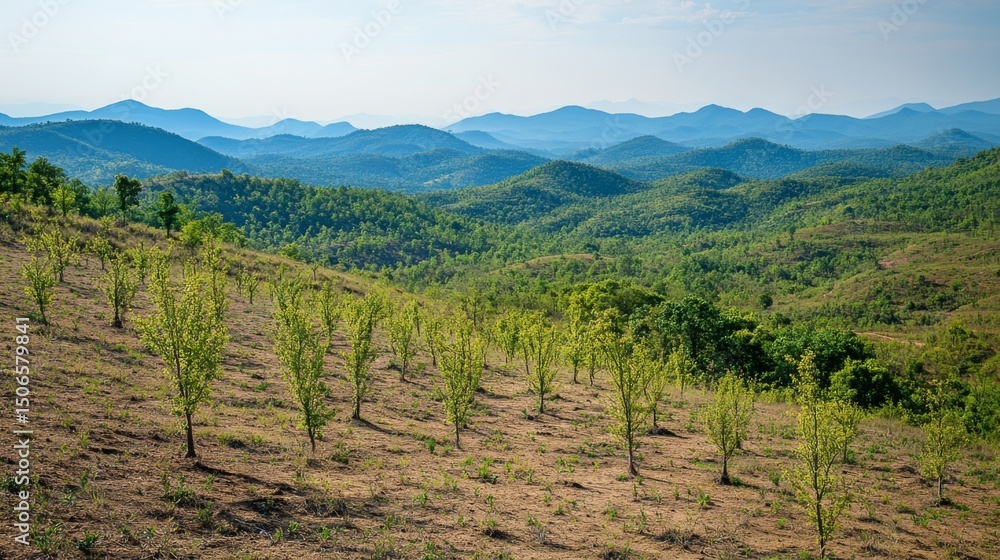 Poster a panoramic view of a hillside covered in small, newly planted trees, with mountains in the distance