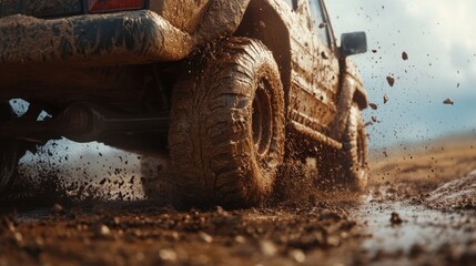 Overlanding tire detail in hyperrealistic focus&mdash;deep treads churning through muddy ground, debris scattering, showcasing raw torque, terrain control, and mechanical toughness in action
