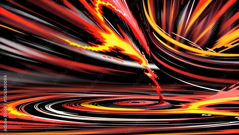 Poster abstract vortex of red yellow and black lines creating a dynamic and swirling composition effect