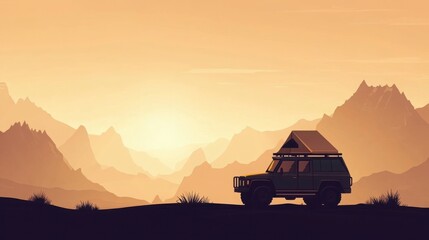Flat vector scene of a small overlanding 4x4 with rooftop tent in wide wilderness, framed by mountain silhouettes and expansive sky, rendered in earthy tones and minimal clean-line illustration
