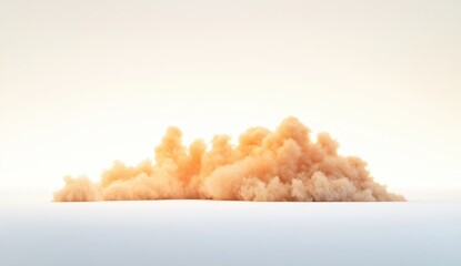 A light-orange dust cloud billows against a stark white backdrop, illuminated by soft, warm light, creating a hazy, textured effect