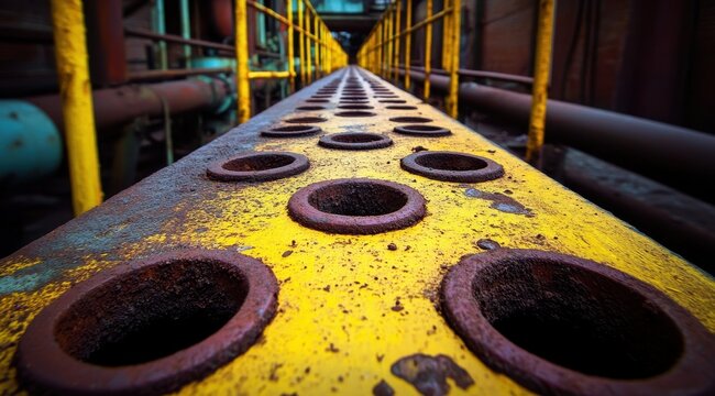 Rust-eaten yellow metal walkway with numerous circular holes, flanked by aged industrial pipes in a dimly lit setting, creating a perspective of depth