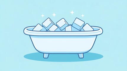Monochrome icon of a bathtub filled with ice cubes, clean flat design in blue and white palette, ideal for wellness apps, infographics, or cold therapy visuals focused on modern ice bathing
