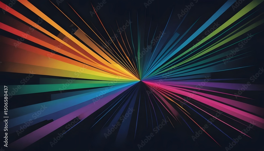 Poster a vibrant spectrum of light rays emanating from a central point on a dark background creating contra