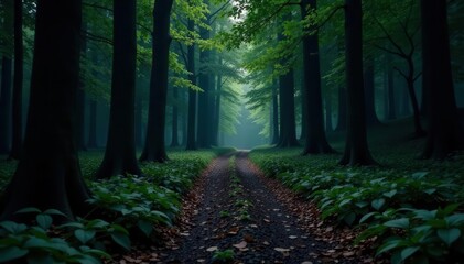 Fototapeta premium Dark, shadowy forest path, minimalist composition, dark, monochrome