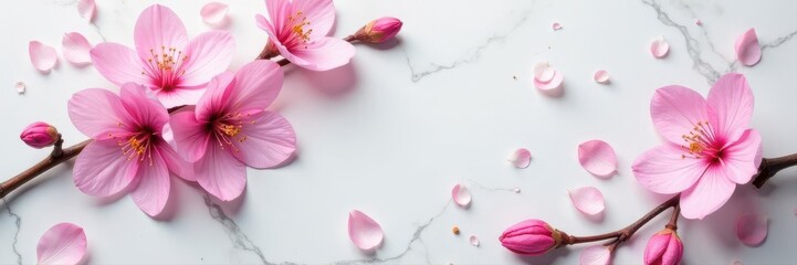Delicate pink blossoms arranged on polished marble surface , decoration, design