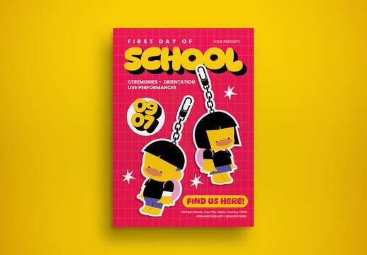 Magenta and Yellow Kiddieland First Day of School Flyer Layout