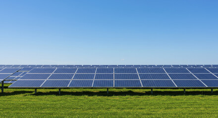 Large Solar Panel Array on Green Grass Field Under a Clear Bright Blue Sky