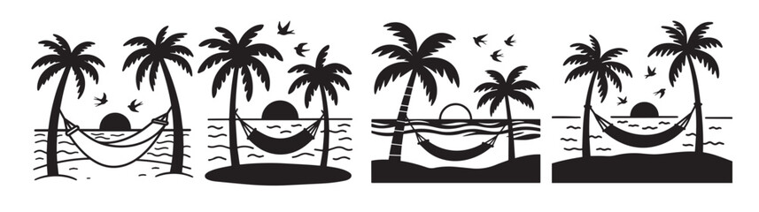 Obraz premium Vector Set – Minimalist Black Line Art of Tropical Island Sunset with Hammock Between Palm Trees, Birds in the Sky, and Ocean Waves