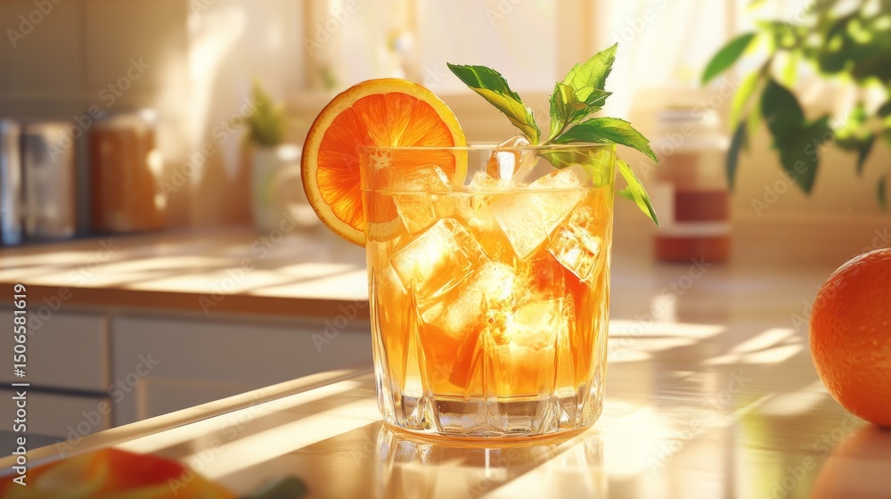 Poster a refreshing glass of freshly squeezed with ice cubes, garnished with a slice of orange and a mint s