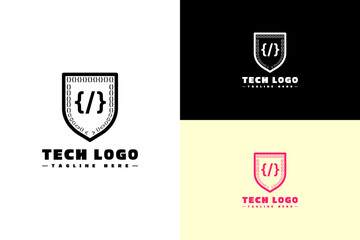 illustration of code brackets inside a shield, minimalist, vector logo for coding, it firm, programming, cybersecurity, protection, database, artificial intelligence, machine learning, and more