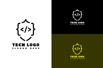 vector illustration of shield icon made with brackets, logo for safe programming, software development, coding, cybersecurity, data center, data science, ai, automation, tech, and more