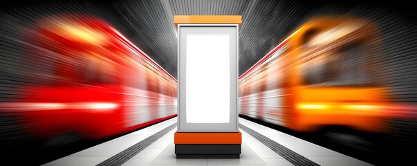Amidst the hustle of a busy subway station, a blank white mock-up billboard hangs prominently, offering copyspace for digital media ads. This prime advertising spot captures the attention of