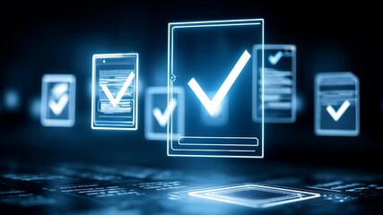 Multiple digital documents are validated with glowing check marks in a futuristic technological interface. Antivirus or file scanning software - Powered by Adobe